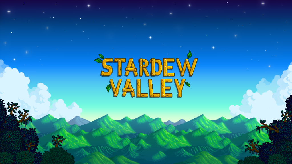 Stardew Valley's logo over a pixelated landscape background. Image from Stardew Valley's website.